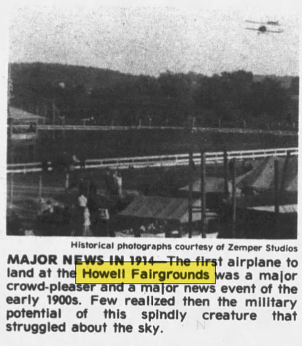 Howell Fairgrounds - Sept 1978 Article On 1914 Airplane Landing At Fairgrounds